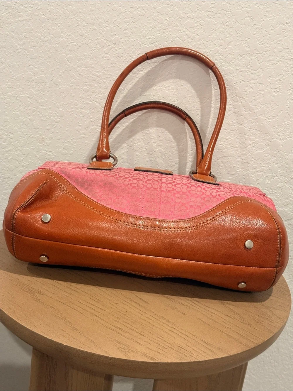Coach Y2K Pink Canvas and Tan Leather Shoulder Satchel